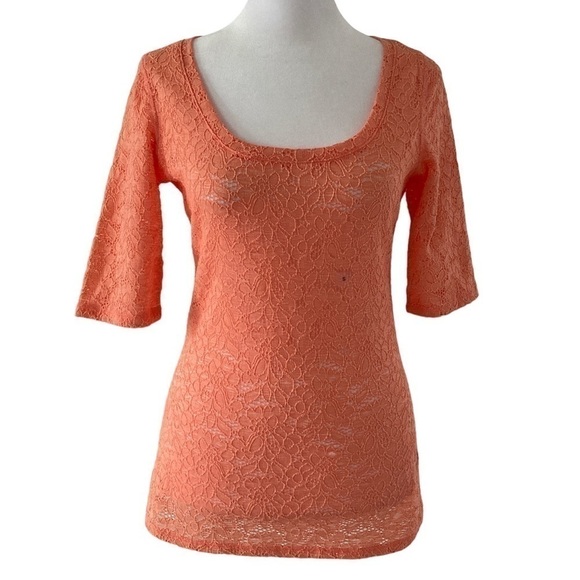 Express small top lace short sleeves coral orange NWT - Picture 1 of 13